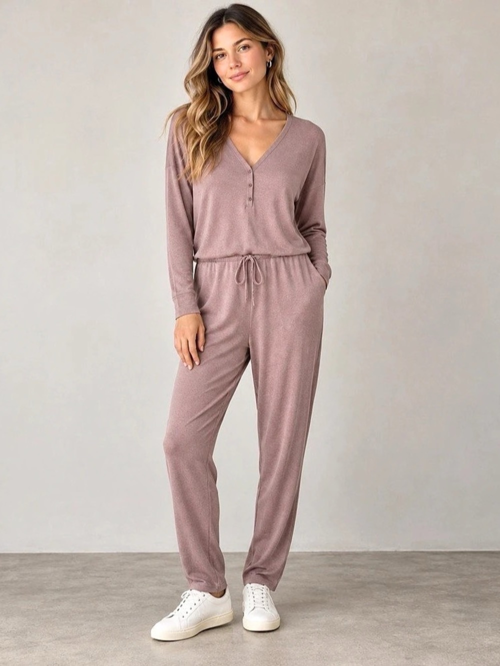 Kit and Ace Mauve Long Sleeve Knit Jumpsuit Drawstring Waist Size S
Like New